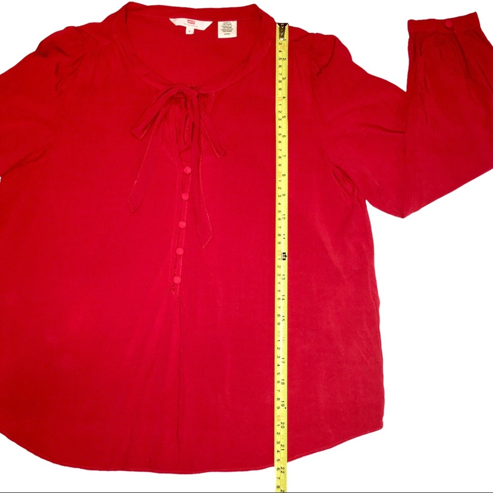 Vintage Inspired Red Blouse with Tie and Buttons, 3/4 Puffed Sleeve Levi's Small - Picture 14 of 15